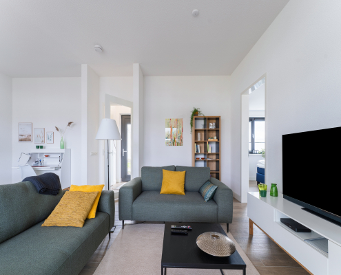 wohnzimmer, regal, couch grün mit gelben kissen, tisch, fernseher auf sideboard